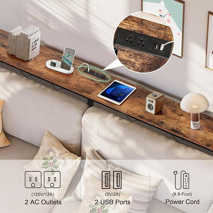 VECELO 39.4In Narrow Sofa/Console Table with Charging Station & Power Outlet and USB Ports, for Entryway, Living Room, Office, Industrial, Metal Frame, Brown