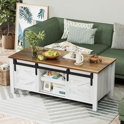 YESHOMY Coffee Table with Sliding Barn Doors & Storage, Wooden Center Rectangular Cabinet with Adjustable Shelves, for Livingroom, Bedroom, Home Office, White