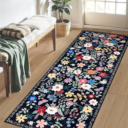 Runner Rug for Entryway: 2x10 Kitchen Rugs Non Slip Washable Ultra-Thin Soft Floral Carpet Indoor Floor Stain Resistant Carpets for Hallway Bedroom Kitchen Laundry Bathroom Dorm Black