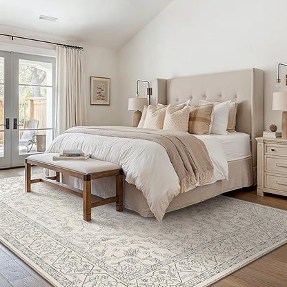 GENIMO 10x14 Area Rugs for Living Room, Machine Washable Non Slip Vintage Rugs, Low Pile Lightweight Chenille Print Rug for Bedroom, Dining Room, Home Office, Beige Line