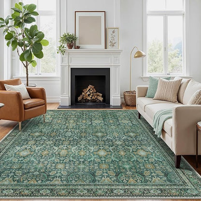 8X10 Area Rugs Machine Washable Rugs for Living Room, Vintage Boho Large Rugs for Bedroom Dining Room, Non Slip Indoor Soft Distressed Lightweight Thin Low Pile Carpet, Turquoise