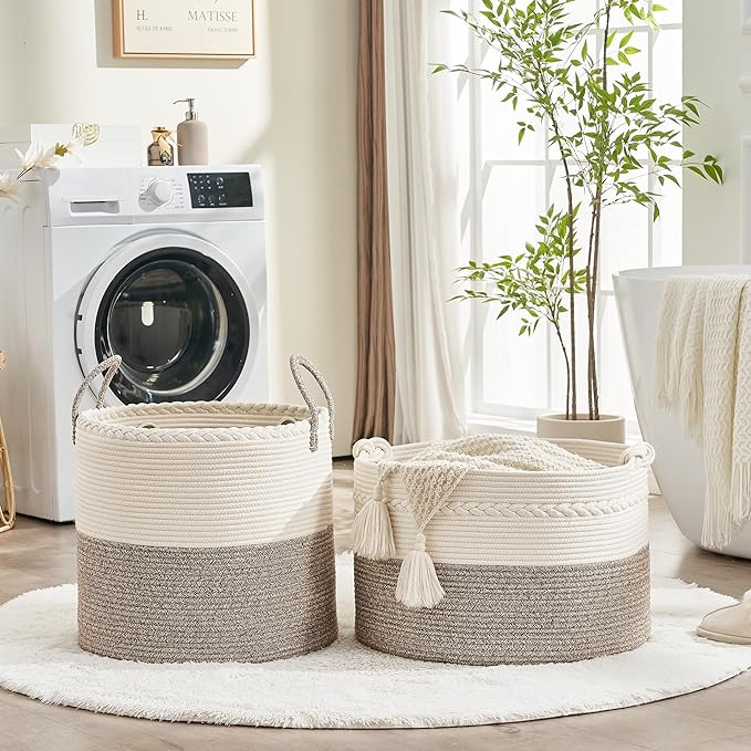 KAKAMAY Large Blanket Basket (20"x13"),Woven Baskets for storage Baby Laundry Hamper, Cotton Rope Blanket Basket for Living Room, Laundry, Nursery, Pillows, Baby Toy chest (White/Beige)
