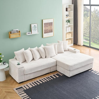 KEIKI 114" Corduroy Sofa with Cup Holders & Storage, L Shaped Sleeper Cloud Couch Set w/Reversible Chaise Lounge, Living Room Oversized Upholstered SofaBed for Apartment, Easy Assembly, Beige