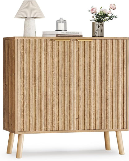 Pamapic Fluted Storage Cabinet, Sideboard Buffet Cabinet with Storage, Buffet Sideboard, Console Table, Credenza, Wood Modular Organizer with Doors & Shelf（Oak）