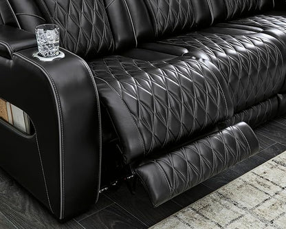 Signature Design by Ashley Boyington Modern Leather Match Power Reclining Loveseat with Console, Adjustable Headrest, Massage, Heated Seat and LED Lights, Black