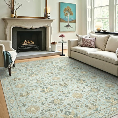 8X10 Area Rugs Machine Washable Runner Rugs for Living Room Bedroom Hallway, Non Slip Indoor Soft Accent Distressed Boho Vintage Print Lightweight Thin Low Pile Carpet, Misty Blue