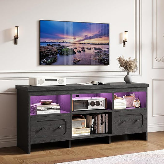 IRONCK TV Stand for 65 Inch TV, 55" LED Entertainment Center with Storage Cabinets, Power Outlets and Open Shelf, Media Console TV Cabinet with Drawers for Living Room, Black