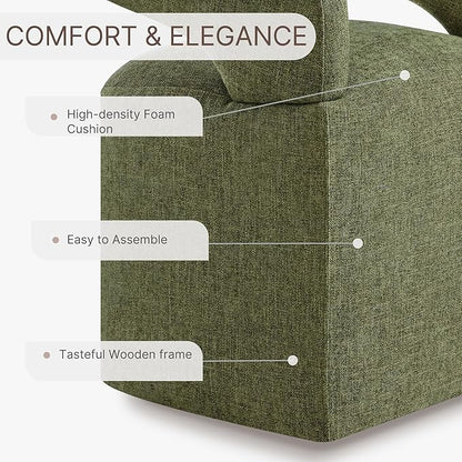 Upholstered Dining Chairs with Removable Casters Barrel Side Armchair with Rollers for Diningroom Bedroom Livingroom Reading Room, Green, 1PCS