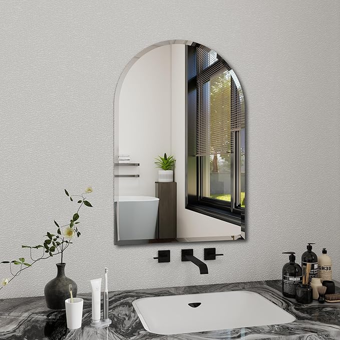 Arched Bathroom Mirror, 16X24 inch Arched Frameless Mirror, Arch Wall Mirror，Frameless Mirrors for Bathroom,Beveled Bathroom Mirror.