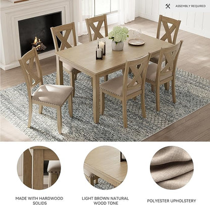 Signature Design by Ashley Sanbriar Casual Dining Table and Upholstered Chairs with Nailhead Trim, Set of 7, Light Brown & Beige