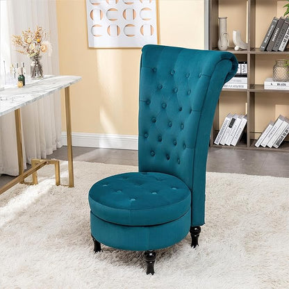 Container Furniture Royal High-Back Velvet Accent Chair for Vanity with Storage and Luxurious Upholstery, Retro Design and Versatile Usage for Livingroom, Bedroom, Lounge and Office, Greenish Blue