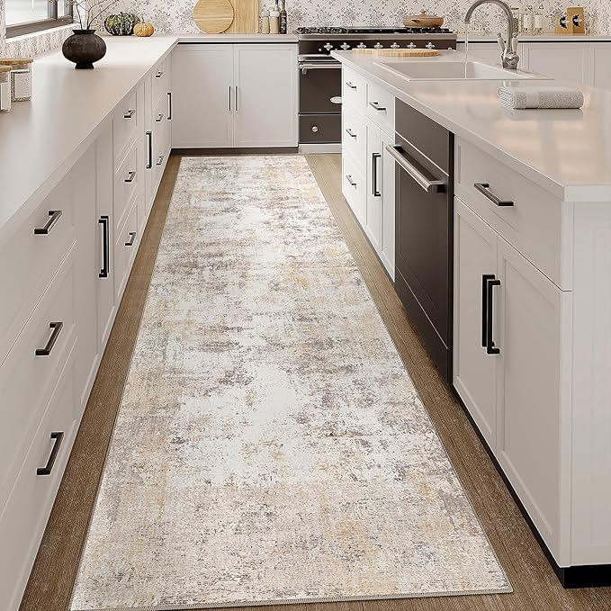 2x7 Washable Runner Rug Beige Grey Neutral Abstract Hallway Kitchen Living Room Bedroom Non Slip Throw Rug Soft Low Pile Indoor Carpet for Entrance Laundry Bathroom