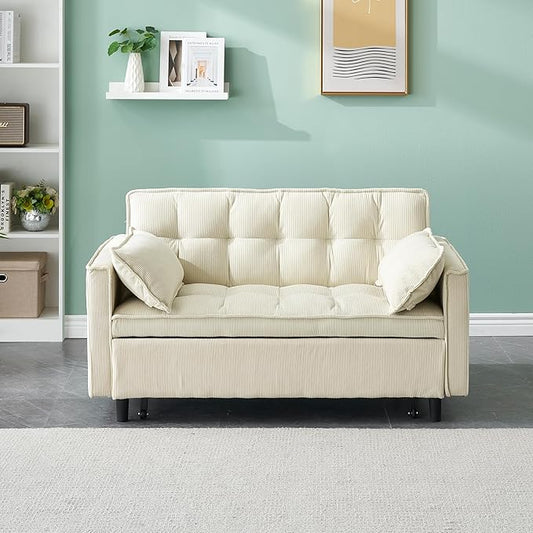 Ball & Cast Convertible Sofa Bed,Pull Out Loveseat Sleeper Sofa,Convertible Pull Out Couch W/ 2 Pillows,Adjustable Backrest & Side Pocket,Corduroy Futon Couches for Living Room,Apartment,Beige,54"