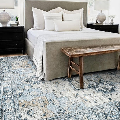 GENIMO 5x8 Area Rugs for Living Room, Machine Washable Low Pile Rugs, Chenille Non Alip Vintage Rug for Bedroom, Dining Room, Home Office, Blue