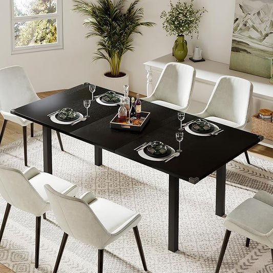 Feonase 63 Inch Extendable Kitchen Table, Modern Farmhouse Dining Table for 4-8, Wooden Dining Room Table for Small Space, Dining Room, Home Office, Living Room Furniture,Black