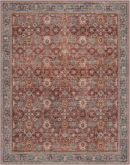 10X14 Area Rugs Machine Washable Rugs for Living Room, Vintage Boho Large Rugs for Bedroom Dining Room, Non Slip Indoor Soft Distressed Lightweight Thin Low Pile Carpet, Red Brown