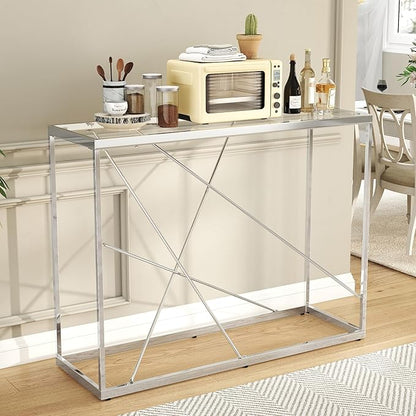 OIOG Glass Console Table for Entryway, Modern Sofa Table with Temperes Glass Tabletop and Chrome Frame, Silver Entryway Table for Living Room, Hallway, Dining Room, Home Office