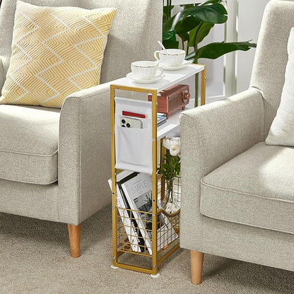 Narrow Side Table, Skinny Small End Tables with Magazine Holder, 3 Tier Small Sofa Side Table for Smalls Spaces, Sofa Couch Tables Bedside Table for Living Room Bedroom Office