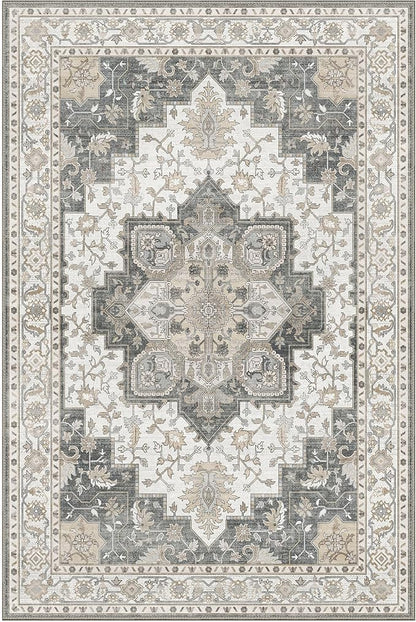 GENIMO 7'6''x9'6'' Area Rugs for Living Room, Machine Washable Non Slip Vintage Rugs, Low Pile Lightweight Chenille Print Rug for Bedroom, Dining Room, Home Office, Heathered Grey