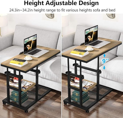 Tribesigns Height Adjustable C Table with Wheels, Mobile Couch Snack Side Table with Tiltable Drawing Board, Sofa Bedside Laptop Stand C Shaped TV Tray with Storage Shelves (Black+Oak)