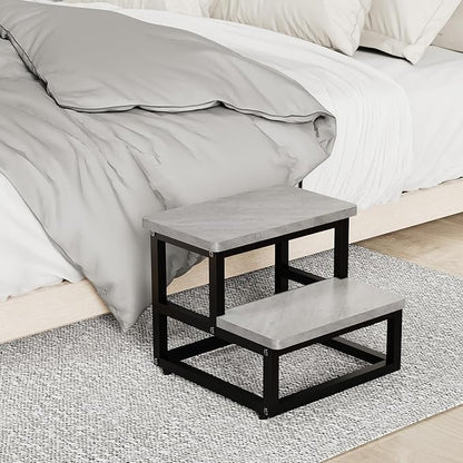 Step Stools, Heavy Duty Stepping Stool for Kids Adults, Non-Slip Metal and Wooden 2 Steps Foot Stool for High Beds and Kitchen, Round Corner, 500 Lbs Capacity, Cement Gray