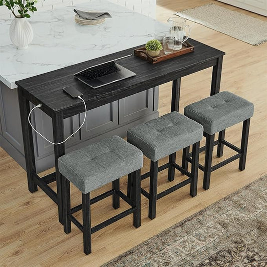 KEIKI 4-Piece Bar Table Set with 3 Upholstered Stools, Industrial Dining Bar Table and Chairs Set with Power Outlet, Rectangular Kitchen Table, Black