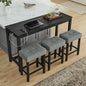 KEIKI 4-Piece Bar Table Set with 3 Upholstered Stools, Industrial Dining Bar Table and Chairs Set with Power Outlet, Rectangular Kitchen Table, Black
