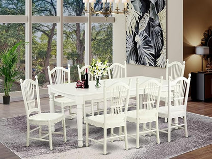 East West Furniture DOVE9-LWH-W 9 Piece Dining Room Furniture Set Includes a Rectangle Wooden Table with Butterfly Leaf and 8 Kitchen Dining Chairs, 42x78 Inch, Linen White