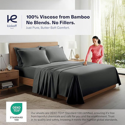 Kickoff Viscose Bamboo Sheets Twin XL Size 3-pc 100% Organic Bamboo Viscose Bed Cooling Sheets Twin XL Size Set Cool Bedding for hot Sleepers Sheet, Flat, Fitted, Pillowcase (Pewter, TXL)