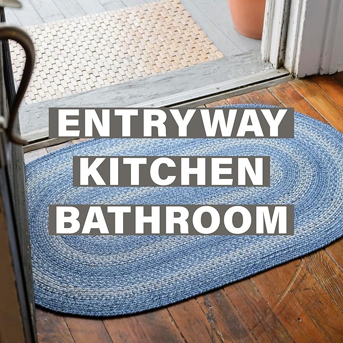 Homespice Denim Premium Jute Braided Area Rug, 2x6' Rectangular Hall Runner Blue - Navy - White, Natural Jute Yarn Rustic, Country, Primitive, Farmhouse Style - 30 Day Risk Free Purchase