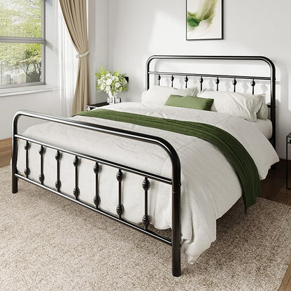 Allewie Queen Size Metal Platform Bed Frame with Victorian Style Iron-Art Headboard and Footboard, Easy Assembly, Under Bed Storage, No Box Spring Required, Black