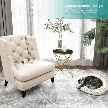 HLR Modern Round Side Table Set of 2, End Table with Marble Effect Top and Gold Metal Frame, Small Side Table for Living Room, Bedroom, Sofa and Couch, Gold Legs, Black Glass top