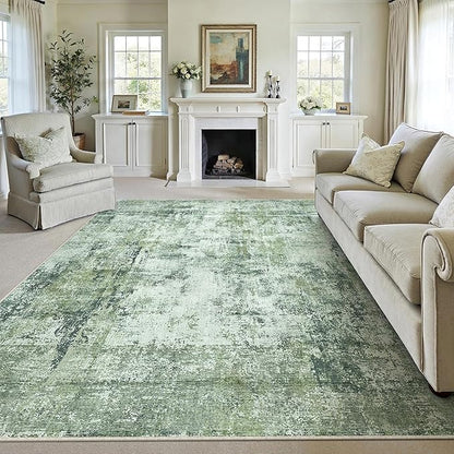 8x10 Washable Area Rug Dark Green Modern Neutral Abstract Living Room Bedroom Indoor Floor Carpet Low Pile Soft Non-Slip Lightweight Vacuumable Large Throw Rug for Nursery Dining Room