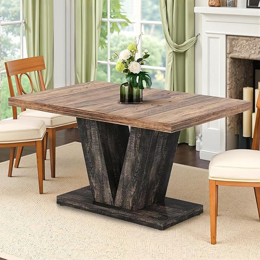 Dining Table for 4-6, 47" Farmhouse Dinner Table with with Wooden Tabletop and Heavy Duty Pedestal Wooden Rectangular Kitchen Tables for Dining Room, Kitchen, Living Room, Brown & Black