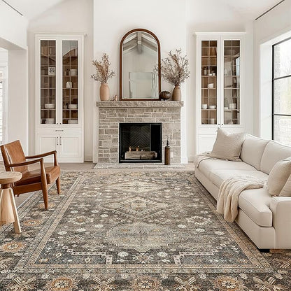 GENIMO 9x12 Area Rugs for Living Room, Machine Washable Low Pile Rugs, Non Slip Vintage Rug for Bedroom, Dining Room, Home Office, Kitchen, Distressed Deep Brown