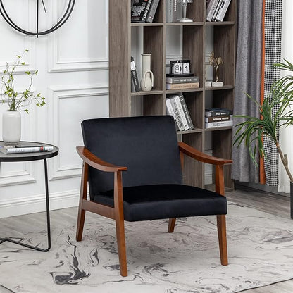 Container Furniture Direct Accent Chair with Velvet Upholstery and Solid Wood Frame, Classic Mid-Century Modern Living Room Furniture for Extra Seating, Black