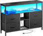 Huuger TV Stand Dresser with Power Outlets and LED Lights, 4 Drawers Entertainment Center with Open Shelf, Media Console for 50 43 Inch TV, Dresser with PU Finish, Black
