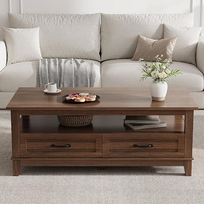 GarveeHome Farmhouse Coffee Table with Drawers, 47.2" Center Table Rustic Coffee Tables Walnut Center Table with Open Shelf, 6 Support Legs