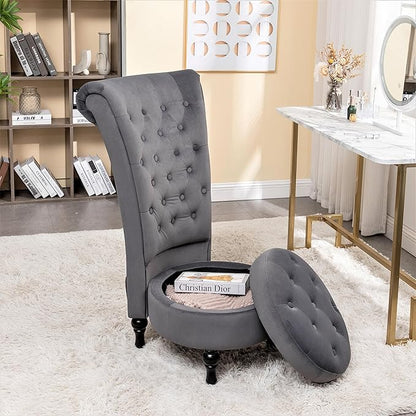 Container Furniture Direct Royal High-Back Velvet Accent Chair for Vanity with Storage and Luxurious Upholstery, Retro Design and Versatile Usage for Livingroom, Bedroom, Lounge and Office, Grey