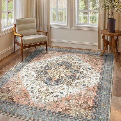 GENIMO 5x8 Area Rugs for Living Room, Machine Washable Low Pile Rugs, Chenille Non Alip Vintage Rug for Bedroom, Dining Room, Home Office, Blue Brick Red