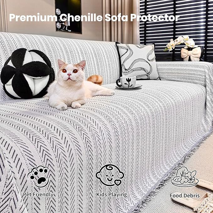 Nobildonna Sofa Cover Washable Soft Thicken Chenille Couch Cover with Tassel,Waterproof Sofa Slipcover for 2-3 Cushion Couch,Sectional Sofa,L-Shaped Furniture Protector Pet-Friendly,Beige 71"x118"
