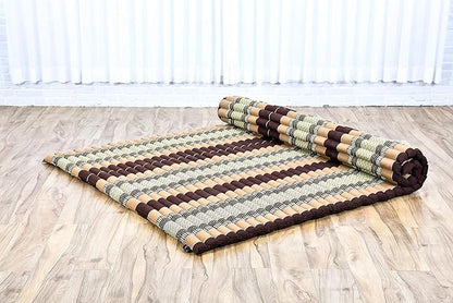 Leewadee - Foldable Floor Mattress - Japanese Roll Up Futon -Trifold Tatami Mat- Guest Floor Bed - Camping Mattress - Thai Massage Mat, Kapok Filled, 75 x 57 inches, Brown