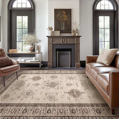 8X10 Area Rugs Machine Washable Rugs for Living Room, Vintage Boho Large Rugs for Bedroom Dining Room, Non Slip Indoor Soft Distressed Lightweight Thin Low Pile Carpet, Beige