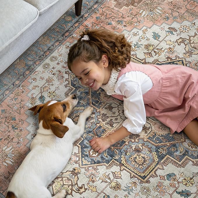 GENIMO 2x10 Runner Rugs for Hallway, Machine Washable Non Slip Vintage Rugs, Low Pile Lightweight Soft Print Rug for enrtyway, Corridor, Home Office, Kitchen, Blue Brick Red