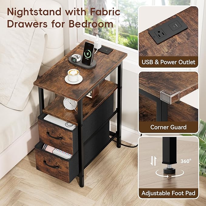 Vagusicc End Table with Charging Station, Narrow Side Table, 23.8'' Tall Nightstand with 2 Fabric Drawers, Small Sofa Side Table Narrow Nightstand for Small Spaces, Living Room, Bedroom, Rustic Brown