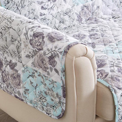 Reversible Floral Patchwork Furniture Protector Scalloped Edge Stain Resistant Printed Furniture Protector Maribel Collection (Loveseat, Gray/Aqua)