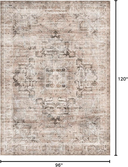 GENIMO 8x10 Area Rugs for Living Room, Machine Washable Non Slip Vintage Rugs, Low Pile Lightweight Chenille Print Rug for Bedroom, Dining Room, Home Office, Brownish Drab