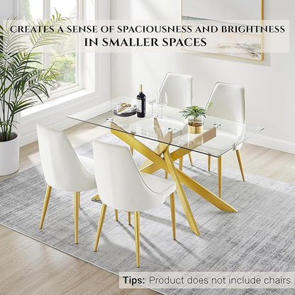 Edwin's Choice 58.5” Rectangle Glass Dining Table, Tempered Glass Table Top and Metal Tubular Legs, Modern Style Table for Home, Kitchen, Dining Room 58.5”Lx29”Wx30”H, Gold