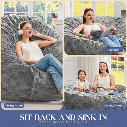 Hobestluk Bean Bag Chairs Beanbag Chair with Filler Adult Bean Bags with Fluffy Plaid Cover, Giant Bean Bag Chairs for Adults for Living Room, Bedroom (Grey, 4FT - 44” x 44” x 24”)