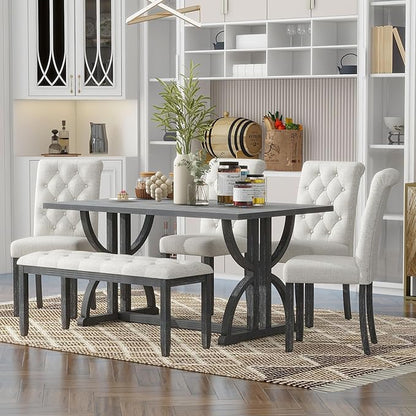 Ball & Cast 6-Piece Dining Table Set, 60" Rectangular Dining Table with 4 Upholstered Chairs & 1 Bench for Dining Room and Kitchen Gray Wash
